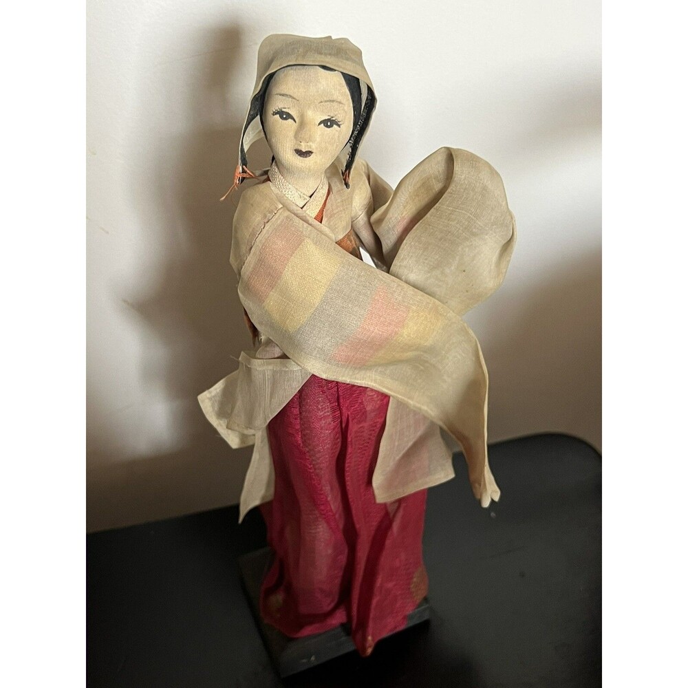 Vintage Korean Cloth Doll 10”  Wearing Traditional Hanbok With Wood Stand